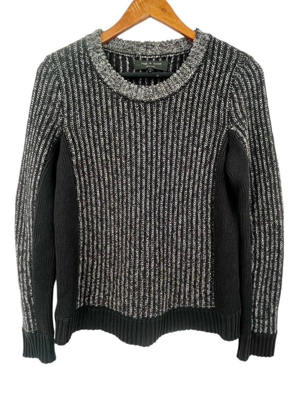 RAG & BONE Men's Black Gray Herringbone Stitch Pullover Crewneck Sweater Small
